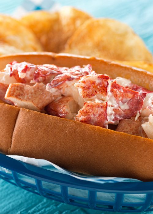 Beautiful lobster roll with a side of chips